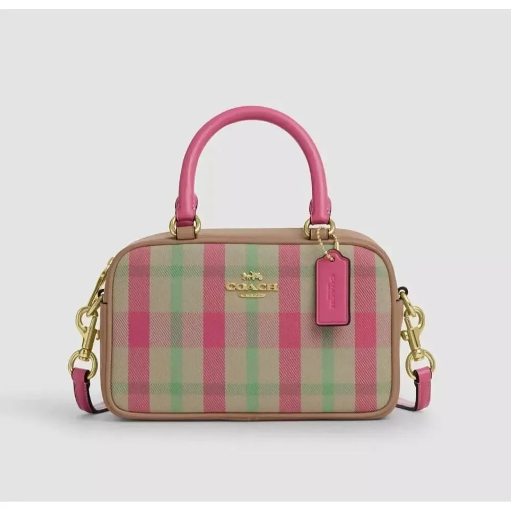 NWT Coach Satchel Crossbody Bag With Plaid Print CBI90 Pink Multi Authentic - Picture 6 of 10